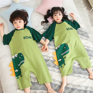 ถุงนอนเด็กผ้าฝ้ายสีขาวพิมพ์ลายไดโนเสาร์ น้ําหนักเบา ใช้ได้ในฤดูร้อน ดีไซน์ป้องกันการเตะ ชุดนอนสําหรับเด็กทั้งหญิงและชายในฤดูร้อน