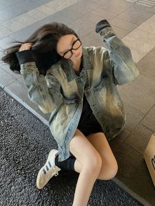 American Retro High Street Washed Do the Old Cowboy Outwear Womens Spring and Autumn Loose Oversize Trendy Jacket Tops