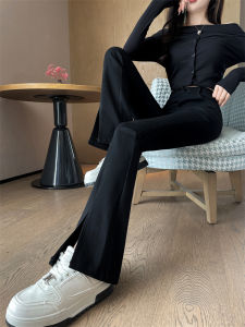 Black High Waist Slimming Stretchy Micro Flared Pants Womens Spring Autumn 2025 New Style Fashionable Split Casual Trousers