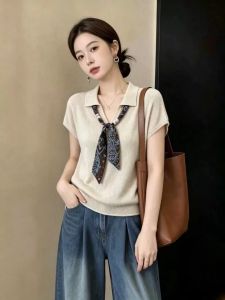 Áo Polo Cổ Tim Kẻ Đai Lụa Tơ Mát Short Tay Mặc Hè