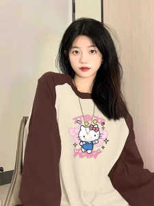 Preppy Style Raglan Long Sleeves T-Shirt Female Early Autumn Plus Size Hellokitty Hello Kitty Niche Style Loose-Fitting Pure Cotton Top