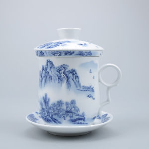 Ceramic Cup with Cover Strain Four Blue and White Bone China Personal Water Cup Conference Office Tea Tea Cup Breakfast Cup