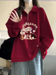 เสื้อฮู้ดคอโปโลบุขนแกะสีแดงครึ่งซิปสำหรับผู้หญิง ฤดูใบไม้ผลิและฤดูใบไม้ร่วง เสื้อคลุมกันหนาวแบบสวมหัว ทรงหลวม แขนยาว ปกติ