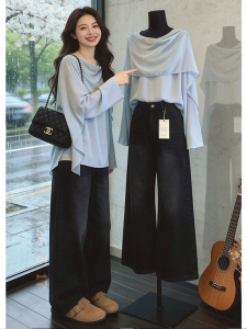Shalldoer | Elegant Blue Cape Shawl Collar Long Sleeve Shirt for Plus Size Women