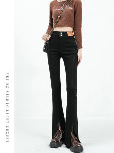 กางเกงยีนส์ทรงขาบานเอวสูงสีดำ ทรงสลิมฟิต ทรงหลวม ฤดูใบไม้ผลิและฤดูใบไม้ร่วง ผ้าฝ้ายยืด กางเกงขายาวทรงขาบานสำหรับผู้หญิง