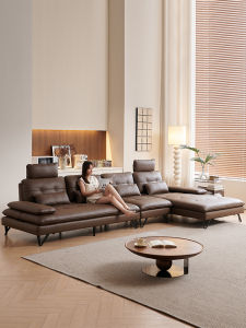 Modern Minimalist Italian Style Leather Sofa Living Room Small Size Straight Row Three Seats Luxury High Density Sponge Filling