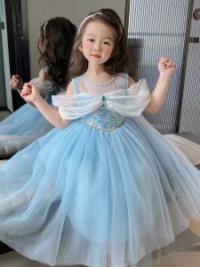 Elsa Princess Dress Girls Summer Ice Queen Fairy Tale Clothes Puffy Tulle Skirt Sweet Style round Neckline All Cotton Material