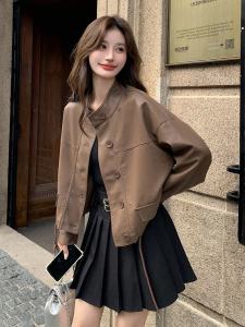 เสื้อแจ็คเก็ตหนังสั้นผู้หญิง ฤดูใบไม้ผลิและฤดูใบไม้ร่วง 2025 แฟชั่นใหม่ แจ็คเก็ต PU ทรงมอเตอร์ไซค์สไตล์ย้อนยุค ทรงสั้น ทรงสูง ทรงสั้น