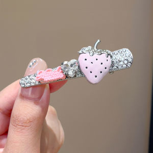 Sweet Pink 3D Strawberry Side Hair Clip with Full Diamond Heart Letter