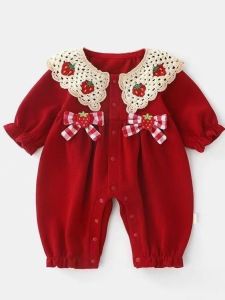 Adorable Strawberry Cartoon Baby Girl Romper Suit Spring Autumn Cotton Polyester Blend Comfortable Long Sleeve Outfit for Infants