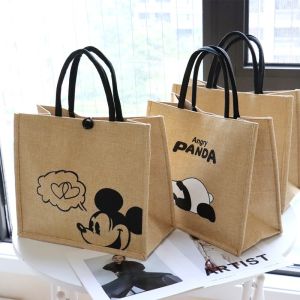 Large Capacity Canvas Tote Bag for Work Commuting Simple Design Cartoon Print Shopping Bag Jute Material Womens Handbag