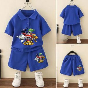 Boys Polo Shirt Set Sporty Collared Summer New Style Childrens Clothing Baby Superhero Flyer Trendy Outfit Casual Wear