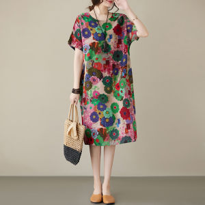 Váy Cotton Lanh in Họa Tiết Mùa Hè Cho Nữ Dáng Chữ H Dài Tay Ngắn Dáng Rộng Thoải Mái Phong Cách Dân Tộc Váy Midi