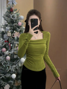 เสื้อยืดคอกว้างสไตล์ฝรั่งเศสสำหรับผู้หญิง ทรงเข้ารูป ทรงเข้ารูป แขนยาว ทรงเข้ารูป ฤดูใบไม้ร่วง/ฤดูหนาว คอกลม ลายสก็อต กระโปรงทรงเอ