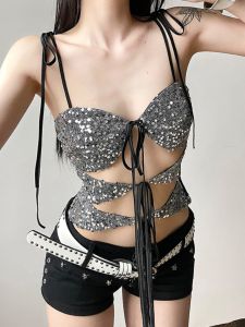 SylCue Womens Street Style Sling Tank Top Short Length Polyester and Spandex Material Bright Silk Sequin Detailing