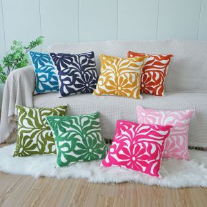 Home Decor Branches Flower Embroidered Sofa Chair Cushion Cover Blue/Green/Yellow Geometric Floral Canvas Cotton Square Embroidery Waist Pillow Cover 45x45cm