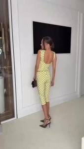 HH Women Yellow Polka Dot 2 Piece Set Boat Collar T Shirt Vest Tops Elastic Waist Slim Pants Summer Trend High Street Outfit