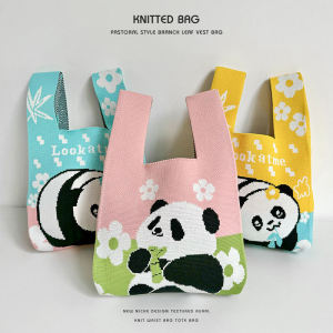 Chengdu Grandpa Knitted Panda Handbag Wristlet Bag Tote Bag Travel Souvenir Soft Foldable Polyester Casual Fashion
