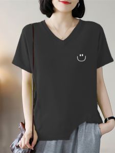 Loose Fit Pure Cotton V-Neck Short Sleeve T-Shirt Summer New Style Large Size Asymmetric Heart Collar Casual Versatile Slimming Top