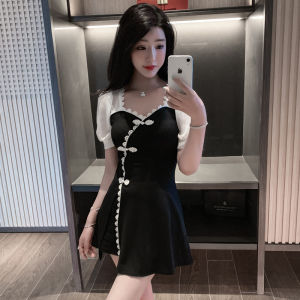 Small Size Dress Cheongsam Modified Version Retro Little Black Dress Two-piece Set Clothes Pedicure Technician Overalls Female New Arrival