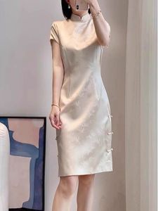 High End Summer Fashion Minority New Chinese Button Design Midi Dress