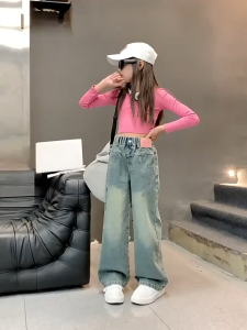 130-160cm ยีนส์เด็กผู้หญิง กางเกงขากว้าง กระเป๋าหลาย รูปแบบรูปดาวห้าแฉก การปักเทรนด์ เวอร์ชั่นเกาหลี