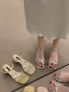 Jia Bu Jia Womens Sandals 2025 New Summer Fashionable Comfortable Versatile High Heels Outdoor Wear with Skirts Butterfly Knot Buckle