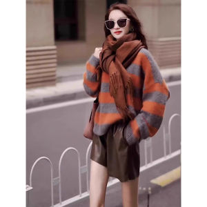 WANGGONGZHU | Elegant Striped Knit Sweater Womens Autumn Winter American Lazy Style Overhead Cashmere Womens Long Sleeve Round Neck Top