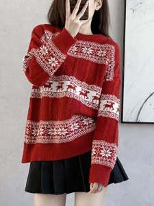 ธีมคริสต์มาส สีแดง เสื้อสเวตเตอร์ถัก ผู้หญิง เสื้อชั้นใน ดีไซน์ Sensation เฉพาะกลุ่ม สไตล์ ฤดูใบไม้ร่วง ฤดูหนาว แขนยาวเปล่งความอบอุ่น คอกลม เสื้อสวม