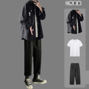 Summer Casual Three-Piece Set Long Sleeve Mens Hong Kong Style Shirt And Pants Youth Fashion Sportswear Casual Outfit