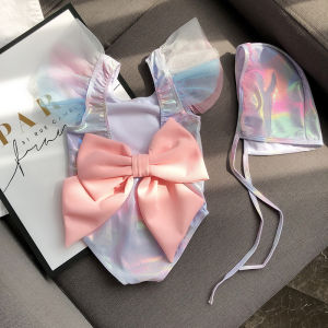 INS Best Selling Kids Swimsuit Womens Shiny Fabric Cute South Korea Girl Mermaid Swimsuit Hot Spring Bows
