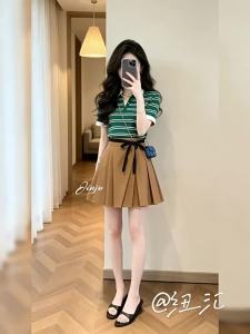 NIUVIES | Green Stripe Summer T-shirt and Dress Ensemble for Petite Figures