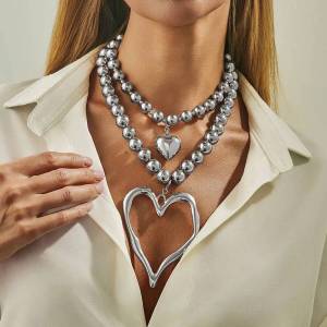 PuRui Exaggerated Vintage Large Heart Pendant Necklace Fashion Creative CCB Beaded Chain Party Banquet Accessories Jewelry Gift