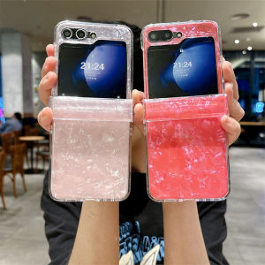 for Samsung Galaxy Z Flip 6 Z Flip 5 Z Flip 4 Z Flip 3 Case Clear Pink Conch Pattern Design Cute Protective Aesthetic Women Girls Girly Kawaii Sturdy Phone Cover