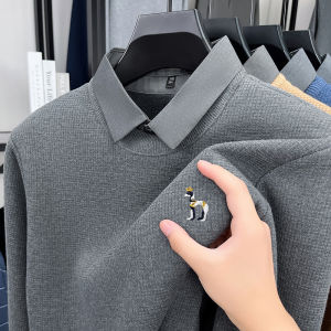 Brand High-End Mens Lapel Fake Two-Piece pullover Sweater Winter New Dog Embroid Thickening Warmth Knitwear Business Menswear
