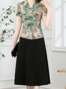 MAIMEI | Váy dài chữ A thời trang mùa hè cho nữ cạp cao giả hai mảnh họa tiết hoa tay ngắn váy midi cổ tròn