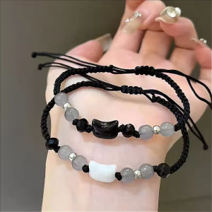 2pcs handmade Vòng tay dây màu đen vài người bạn đá mặt trăng tự nhiên dễ thương mèo Obsidian Charms có thể điều chỉnh vòng đeo tay trang sức tiệc