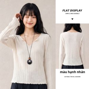 spao | Áo Thun Dệt Kim Vòng Cổ Tim Ôm Phong Cách Thường Nhật Có Ren Nhỏ Flax