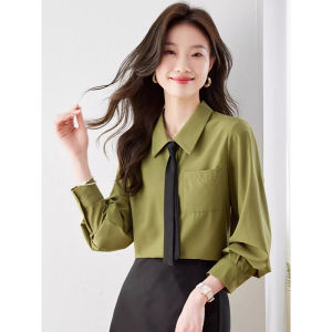 เสื้อเชิ้ตผู้หญิงสไตล์ฝรั่งเศส ดีไซน์ไม่สมมาตร สีเขียว ทรงหลวม แขนยาว ปกโปโล ปกติ ฤดูใบไม้ผลิ 2025 ปกติ อบอุ่น
