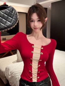 GUZILIAN | Chic Style Metal Buckle Long Sleeve Top