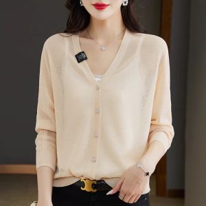 Ice ผ้าไหม ผ้าคลุมไหล่ คาร์ดิเกน ผู้หญิง ฤดูร้อน 2024 คอวีถักน้ําหนักเบาป้องกันแสงแดดปกคลุม หลวม ชุดทํางานแขนยาวพอดี