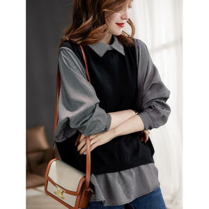 Outlet Store Early Autumn European Goods Polo Collar Splice Fake Two-Piece Shirt Women Slimming Top Long Sleeve Commute Style
