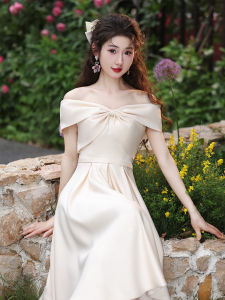 Champagne Evening Dress for Women 2024 New Arrival Small Summer off-Shoulder Satin Host Dress Bridesmaid Dress