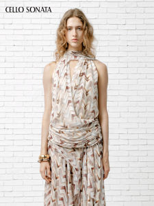 Cello Sonata | Designer Original Thin Wave Print Swing Collar Sash Blouse