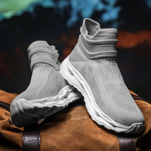 Mens Spring Autumn Fly Knit Breathable Soft Bottom High Top Socks Shoes Large Size 46 Sports Leisure Fashion Casual Shoes