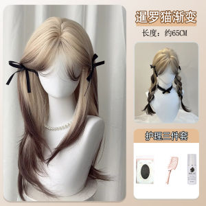 Siamese Cat Gradient Hair Wig Womens Full Head Fake Hair Long Straight Simulation Halfway Parting Bangs Facial Feature Enhancing
