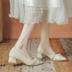 รองเท้าส้นกลางผู้หญิง ฤดูใบไม้ผลิและฤดูใบไม้ร่วง รองเท้าแต่งงานส้นหนาสไตล์ฝรั่งเศส รองเท้าแต่งงาน รองเท้าส้นสูงสำหรับผู้หญิงที่สวมใส่ได้ในชีวิตประจำวัน