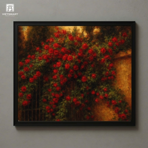 Tranh Nghệ thuật "Bụi Hoa Hồng Trước Ngõ" VIETSMART ART - Sơn dầu 60 x 70cm