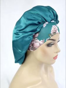 Women Extra Large Silky Satin Hair Bonnet Thick Hair Sleep Cap Elastic Band Beanie African Headwrap Flower Turban Chemo Caps