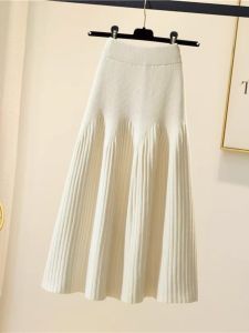 Ladies Long A-Line Knitted Half Skirt Autumn Winter plus Size Pleated Slimming Hip Covering Casual Style Natural Waist Long Skirt